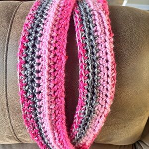 Pink and Gray Hand Crocheted Infinity Scarf